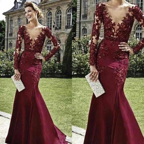 

New Dresses Evening Wear Sexy Deep V-Neck Long Sleeves Burgundy Appliques Lace Beaded Mermaid Long Formal Prom Dress Cocktail Party Gown