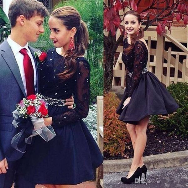 2016 new black long sleeves cocktail dresses beaded belt sheer crew neck short prom dresses a line lace satin homecoming dresses, Blue;pink
2016 new black long sleeves cocktail dresses beaded belt sheer crew neck short prom dresses a line lace satin homecoming dresses, Blue;pink
