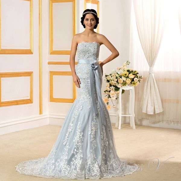 2019 Romantic Light Blue Mermaid Wedding Dresses Lace Strapless off the Shoulder Appliques Backless Chapel Train Bridal Gowns free shipping
2019 Romantic Light Blue Mermaid Wedding Dresses Lace Strapless off the Shoulder Appliques Backless Chapel Train Bridal Gowns free shipping