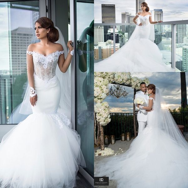 robe de soiree mermaid off shoulders wedding dresses lace appliques backless sweetheart chapel train bridal gowns with long sleeves, White
robe de soiree mermaid off shoulders wedding dresses lace appliques backless sweetheart chapel train bridal gowns with long sleeves, White