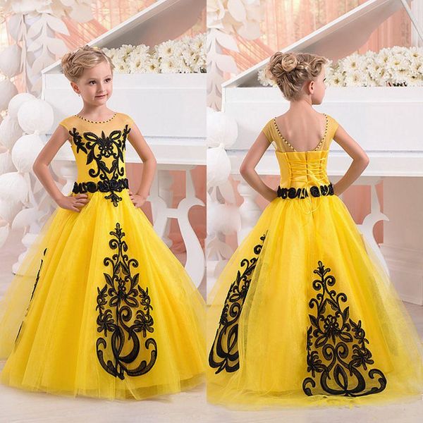 new yellow girls pageant dresses jewel neck short cap sleeves black lace appliques tulle floor length flower girl birthday party dress, White;red
new yellow girls pageant dresses jewel neck short cap sleeves black lace appliques tulle floor length flower girl birthday party dress, White;red
