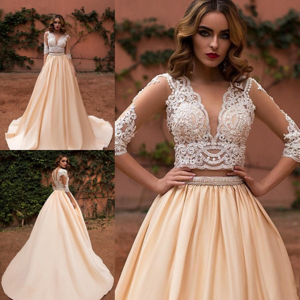 lace beaded half long sleeve wedding dresses 2017 champagne satin sweep train bridal gowns back covered buttons wedding dresses custom made, White
lace beaded half long sleeve wedding dresses 2017 champagne satin sweep train bridal gowns back covered buttons wedding dresses custom made, White