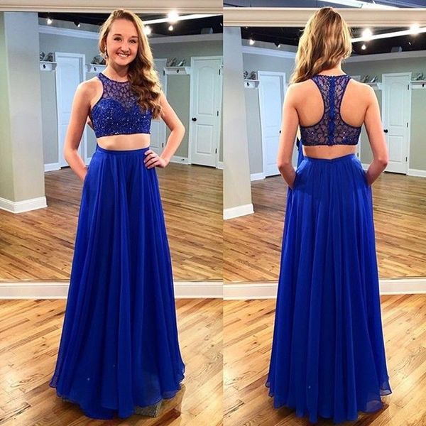 2016 two piece royal blue beaded prom dresses a line floor length back zipper long chiffon formal party gown, Black
2016 two piece royal blue beaded prom dresses a line floor length back zipper long chiffon formal party gown, Black