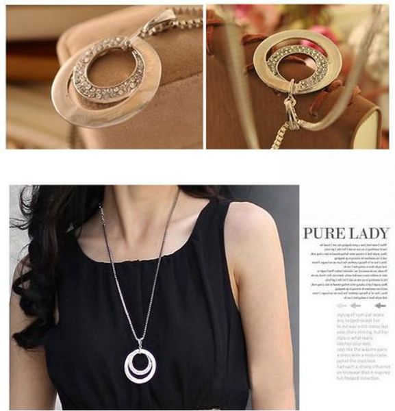 fashion style necklace for office lady, sweater necklace, with 2 diamond circles, gold and silver color, and high quality 
fashion style necklace for office lady, sweater necklace, with 2 diamond circles, gold and silver color, and high quality