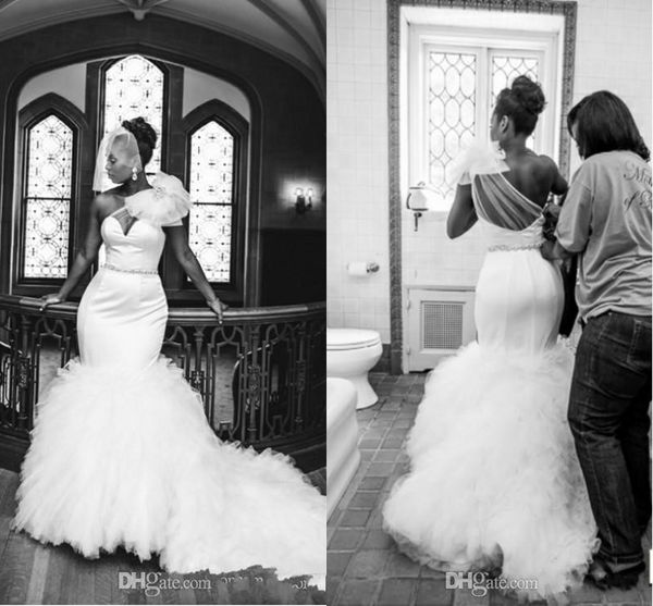 african new mermaid wedding dresses 2016 one shoulder tulle tiered ruffles belt plus size court train custom wedding dress bridal gowns, White
african new mermaid wedding dresses 2016 one shoulder tulle tiered ruffles belt plus size court train custom wedding dress bridal gowns, White
