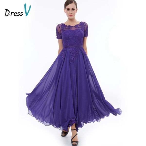 2019 Purple Appliques Long Evening Dress Scoop Neck A-line Short Sleeves Chiffon Party Evening Dress Elegant Lace Prom Dress Robe de soiree