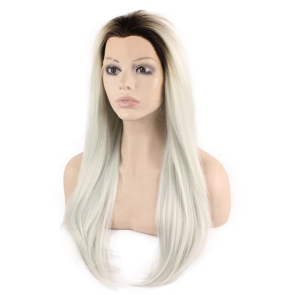 24" long ombre dark root light blue silky straight half hand tied heat resistant synthetic fiber lace front fashion wig s02, Black
24" long ombre dark root light blue silky straight half hand tied heat resistant synthetic fiber lace front fashion wig s02, Black