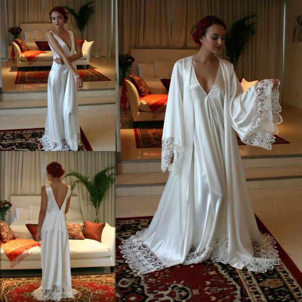 

Two Pieces Bridesmaid Bride Robes Custom Made Silk Satin Bathrobe Wedding Party Robe For Women Floor Length Lace Sleepwear