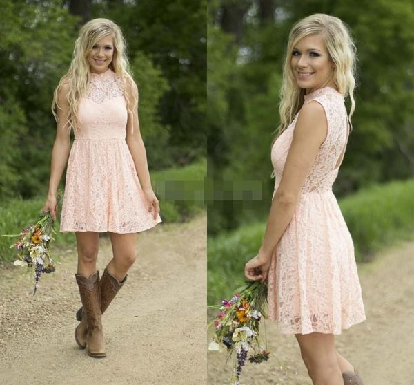 2019 light blush lace short country bridesmaid dresses high neck sleeveless open back knee length bridesmaids gowns party dress, White;pink
2019 light blush lace short country bridesmaid dresses high neck sleeveless open back knee length bridesmaids gowns party dress, White;pink