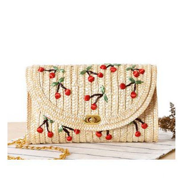 

New Fruit Cherry Straw Beach Bag for Women Messenger Bags Embroidery Design Summer Cute Bohemian Flap Chain Shoulder Bag J139