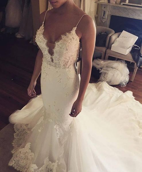 2020 vintage straps deep v neck mermaid wedding dresses lace appliqued sequins low back bridal gowns custom made beach wedding gowns, White
2020 vintage straps deep v neck mermaid wedding dresses lace appliqued sequins low back bridal gowns custom made beach wedding gowns, White