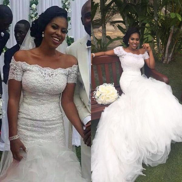 fit and flare rich frican mermaid 2016 wedding dresses off the shoulder portrait short sleeves lace ruffled skirt stunning bridal gowns, White
fit and flare rich frican mermaid 2016 wedding dresses off the shoulder portrait short sleeves lace ruffled skirt stunning bridal gowns, White