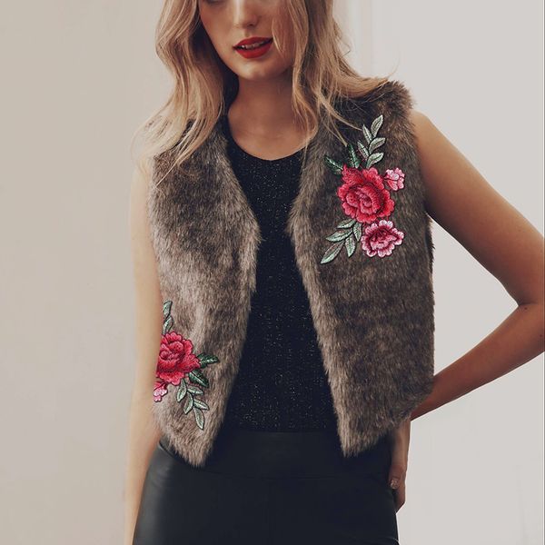 women winter faux fur vest embroidery rose flowers v neck slim fur jacket waistcoat sleeveless hairy coat outerwear plus size, Black
women winter faux fur vest embroidery rose flowers v neck slim fur jacket waistcoat sleeveless hairy coat outerwear plus size, Black