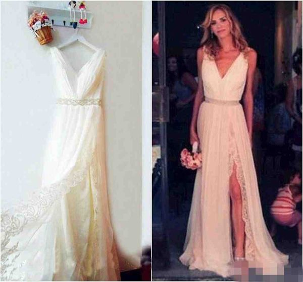 thigh-high slits bohemian wedding dresses pluning v neck split lace chiffon plus size beach boho bridal gowns cheap, White
thigh-high slits bohemian wedding dresses pluning v neck split lace chiffon plus size beach boho bridal gowns cheap, White
