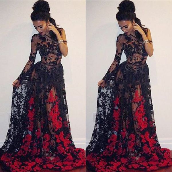 see through prom dresses black and red lace appliques evening gowns south african sweep train formal party vestidos custom made
see through prom dresses black and red lace appliques evening gowns south african sweep train formal party vestidos custom made