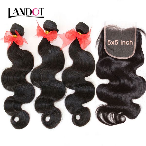 

grade 9a brazilian peruvian malaysian indian virgin human hair weaves 3 bundles with lace closures 5x5 size body wave cambodian hair dyeable, Black