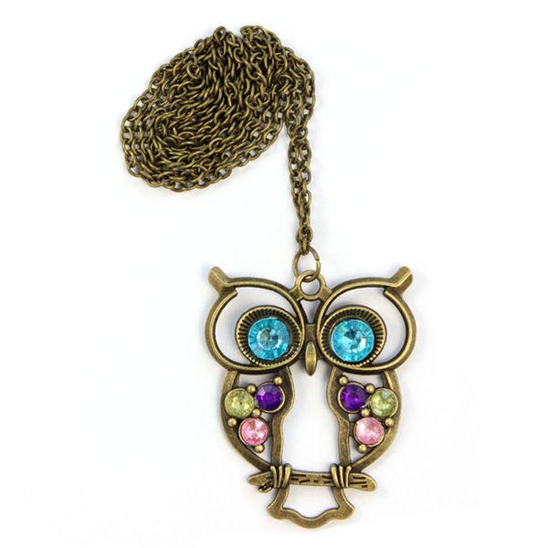 

wholesale-brand new women lady crystal blue eyed owl long chain pendant sweater coat necklace #20 2016 gift 1pc, Silver