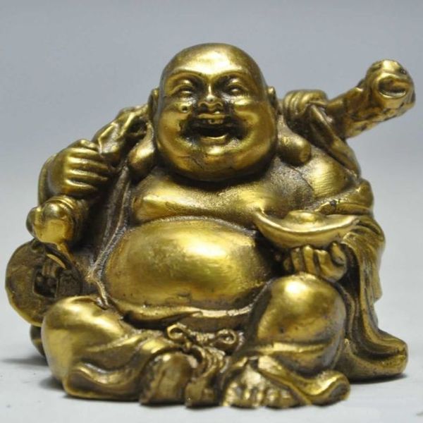 

Elaborate Chinese Buddhism Brass Happy Laughing Maitreya Buddha Holding Money Auspicious Statue