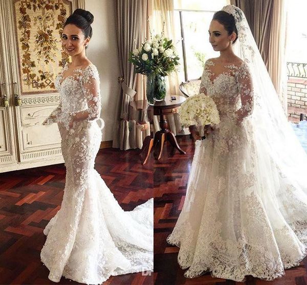 2017 steven khalil русалка свадебные платья со съемным поезд потрясающие 3d цветочные аппликация sheer шеи иллюзия с длинным рукавом свадебн, White
2017 steven khalil русалка свадебные платья со съемным поезд потрясающие 3d цветочные аппликация sheer шеи иллюзия с длинным рукавом свадебн, White