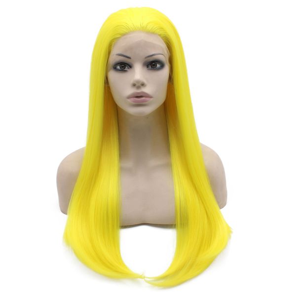 24" long yellow silky straight half hand tied heat resistant synthetic fiber lace front fashion cosplay party wig s02, Black
24" long yellow silky straight half hand tied heat resistant synthetic fiber lace front fashion cosplay party wig s02, Black