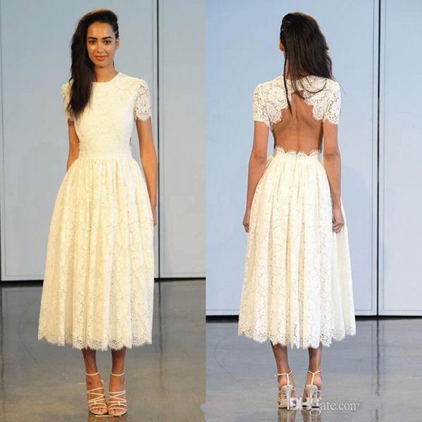 2020 vintage tea length lace wedding dresses crew neck short sleeves summer beach backless short bridal gowns simple party gowns ba2318, White
2020 vintage tea length lace wedding dresses crew neck short sleeves summer beach backless short bridal gowns simple party gowns ba2318, White