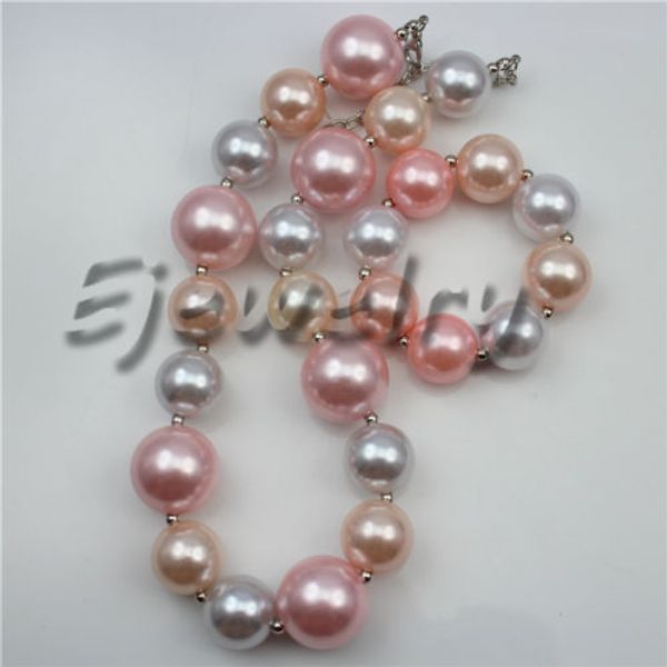 white pink big pearl beads chuny bubblegum necklace&brace