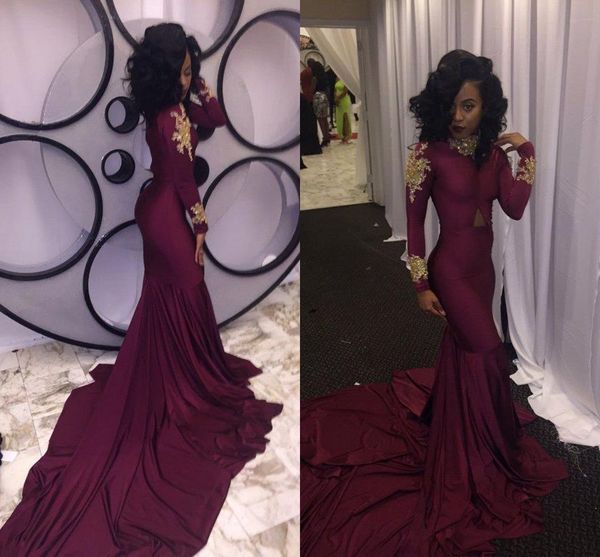 2017 african burgundy long sleeve mermaid prom dresses high neck gold appliqued long sweep train evening gowns formal special wear ba3867, Black
2017 african burgundy long sleeve mermaid prom dresses high neck gold appliqued long sweep train evening gowns formal special wear ba3867, Black