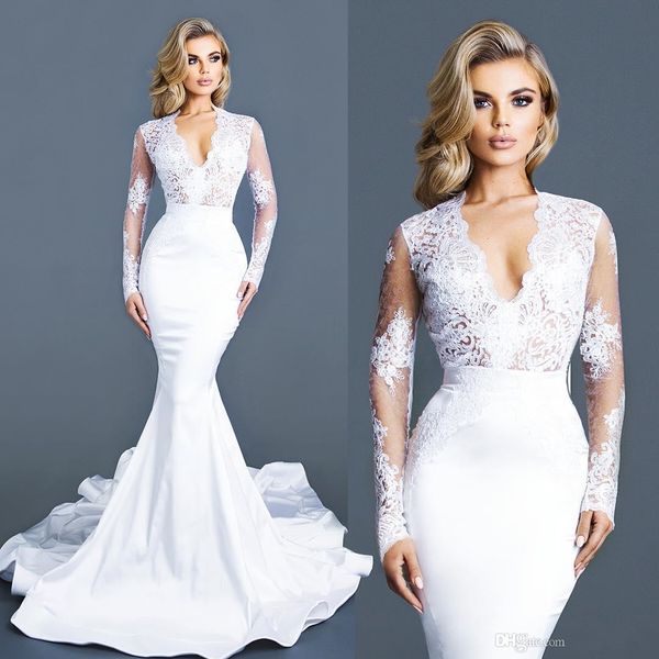 modest deep v neck mermaid wedding dresses 2017 new sheer long sleeves lace bridal gowns satin long sweep train wedding gowns, White
modest deep v neck mermaid wedding dresses 2017 new sheer long sleeves lace bridal gowns satin long sweep train wedding gowns, White
