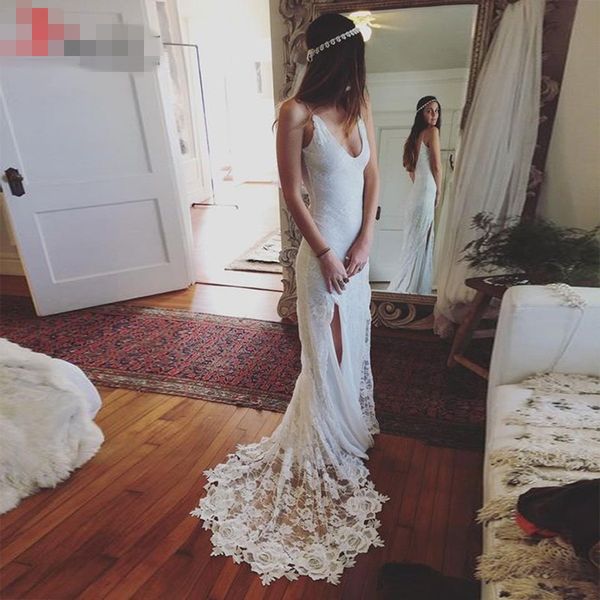 boho lace beach wedding dress v neck spaghetti straps side slit casual bohemian wedding dresses backless bridal gown, White
boho lace beach wedding dress v neck spaghetti straps side slit casual bohemian wedding dresses backless bridal gown, White