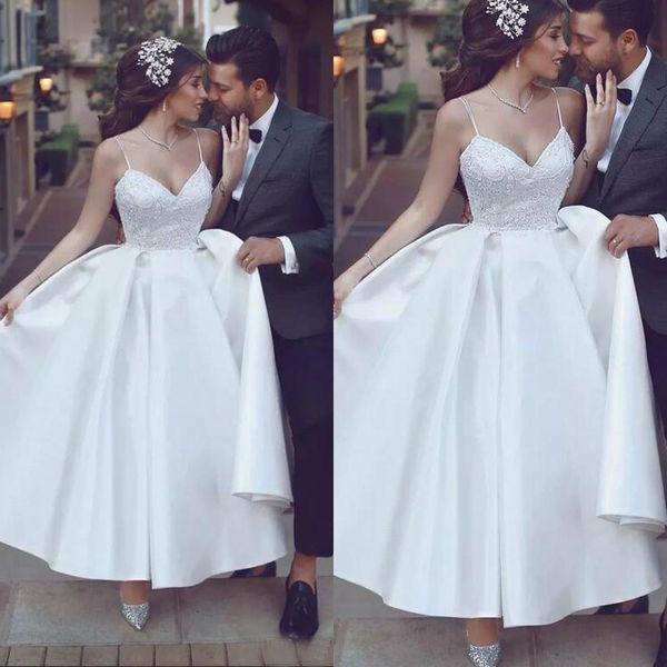 2017 spaghetti lace satin skirt tea length wedding dresses arabic beach wedding party bridal gowns plus size custom made en9302, White
2017 spaghetti lace satin skirt tea length wedding dresses arabic beach wedding party bridal gowns plus size custom made en9302, White