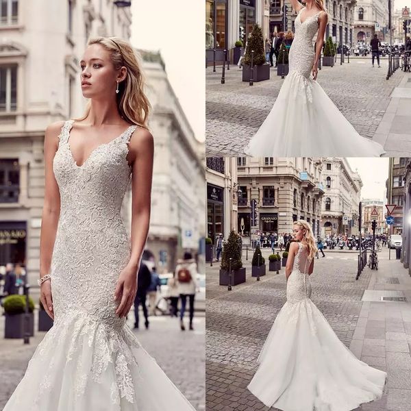 arabic new mermaid lace wedding dresses 2018 appliqued v neck sweep train button back wedding bridal gowns, White
arabic new mermaid lace wedding dresses 2018 appliqued v neck sweep train button back wedding bridal gowns, White