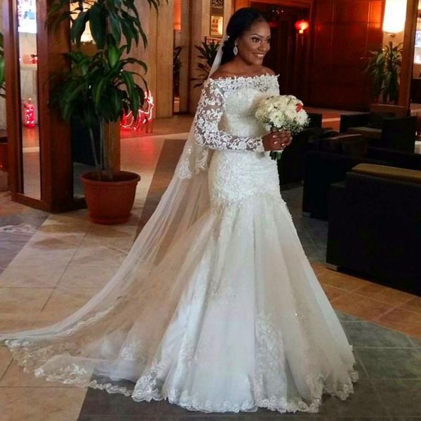 african long sleeves wedding dresses lace appliques off the shoulder mermaid wedding gowns sweep train arabic bridal dress customized, White
african long sleeves wedding dresses lace appliques off the shoulder mermaid wedding gowns sweep train arabic bridal dress customized, White