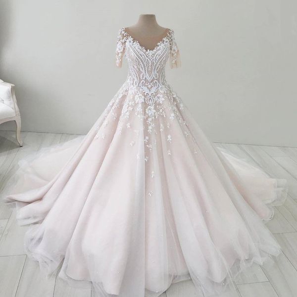 gorgeous lace ball gown wedding dresses sheer jewel neck bead wedding dress with short sleeves buttons back appliques tulle bridal gowns, White
gorgeous lace ball gown wedding dresses sheer jewel neck bead wedding dress with short sleeves buttons back appliques tulle bridal gowns, White