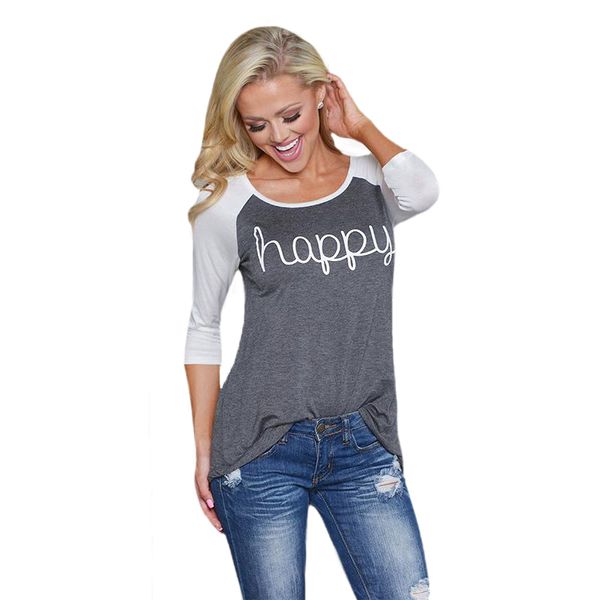 

febelle women t shirt casual happy letter printed t- shirt grey white patchwork long sleeve tees spring autumn #80884