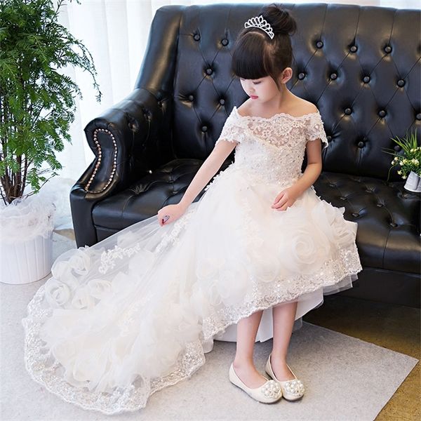 new flower girl dresses with train for wedding little girls kid/child dress high low party pageant first communion dress, White;blue
new flower girl dresses with train for wedding little girls kid/child dress high low party pageant first communion dress, White;blue