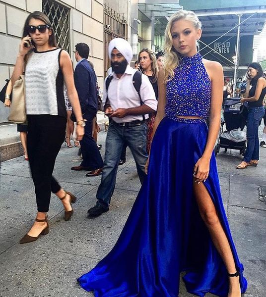 royal blue two piece prom dresses high neck crystal beading satin satin split side open back graduation party dresses homecoming dresses, Black
royal blue two piece prom dresses high neck crystal beading satin satin split side open back graduation party dresses homecoming dresses, Black