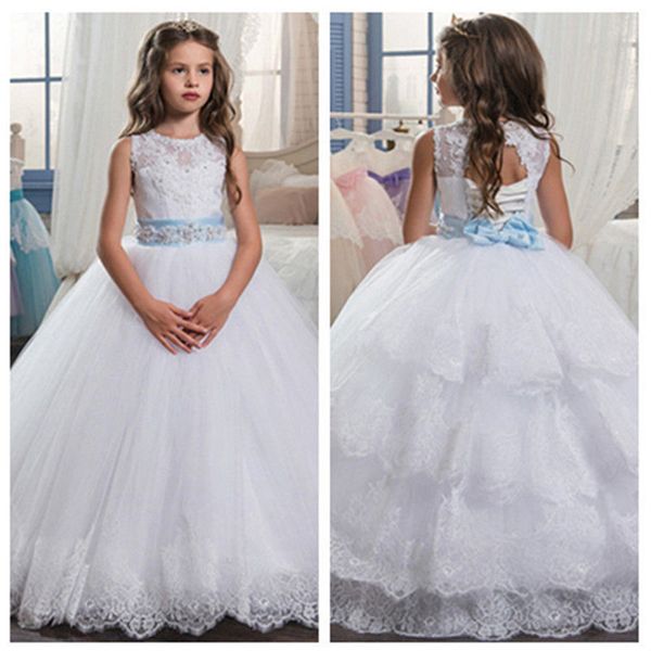 formal lace sash tulle beading cute little flower girl dress floor length hand made flowers bows kids party birthday dress 57, White;blue 
formal lace sash tulle beading cute little flower girl dress floor length hand made flowers bows kids party birthday dress 57, White;blue