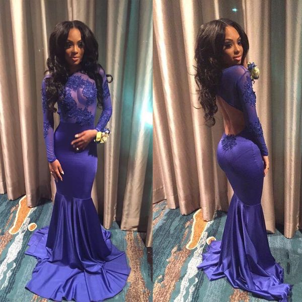 long sleeves backless mermaid prom dresses illusion bodice appliques lace satin regency evening dresses with cutaway sides, Black
long sleeves backless mermaid prom dresses illusion bodice appliques lace satin regency evening dresses with cutaway sides, Black