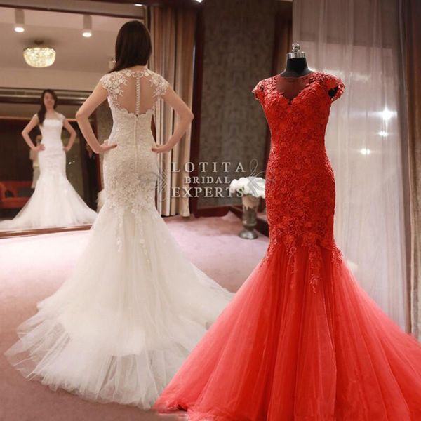 eye catching lace mermaid wedding dresses cap sleeve buttons back court train pleats tulle with floral lace bridal gownsivory,red, White
eye catching lace mermaid wedding dresses cap sleeve buttons back court train pleats tulle with floral lace bridal gownsivory,red, White