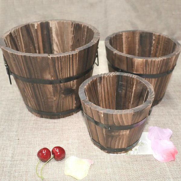 

Rustic Small Round Wooden Flower Barrel Flower Pot Planter For Wedding Home Garden Decoration Free Shipping ZA4179