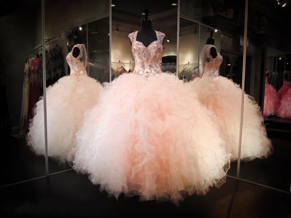 blush peach backless ball gown prom party dresses 2020 rhinestone crystals sheer v-neck ruffles skirt long princess quinceanera gowns, Black 
blush peach backless ball gown prom party dresses 2020 rhinestone crystals sheer v-neck ruffles skirt long princess quinceanera gowns, Black