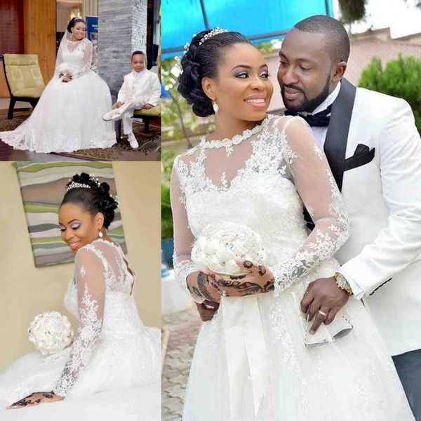african lace long sleeve wedding dresses a line sheer jewel neck bridal gown hollow back custom made, White
african lace long sleeve wedding dresses a line sheer jewel neck bridal gown hollow back custom made, White