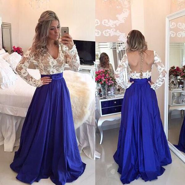 vintage white and royal blue illusion long sleeve a line prom dresses v neck sheer evening gowns lace custom made draped charming, Black
vintage white and royal blue illusion long sleeve a line prom dresses v neck sheer evening gowns lace custom made draped charming, Black