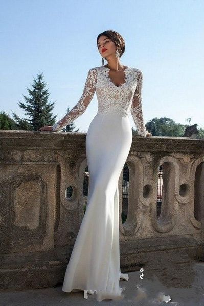 elegant mermaid wedding dresses with long sleeves v neck sweep train satin and lace bridal gowns custom made, White
elegant mermaid wedding dresses with long sleeves v neck sweep train satin and lace bridal gowns custom made, White
