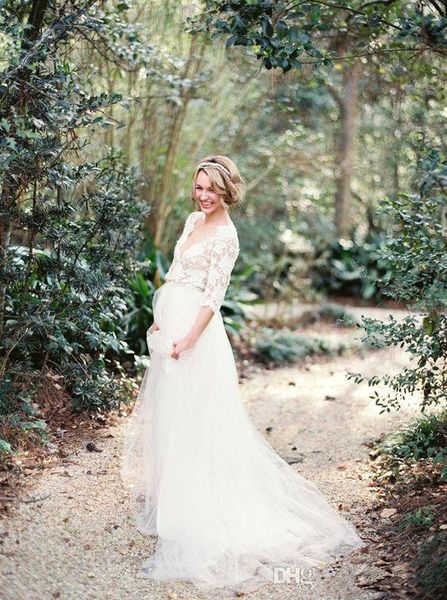 2019 lace maternity wedding dresses deep v-neck matched sash a-line sweep train 3/4 long sleeve tulle bridal gowns vestido de noiva w1010, White
2019 lace maternity wedding dresses deep v-neck matched sash a-line sweep train 3/4 long sleeve tulle bridal gowns vestido de noiva w1010, White