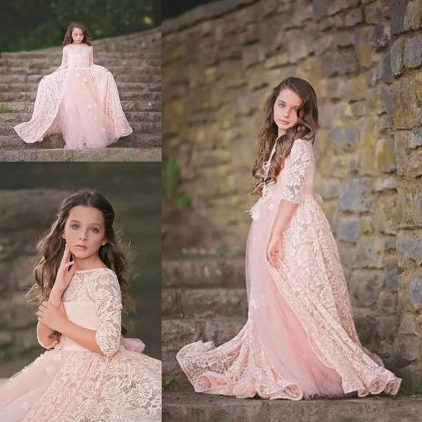 blush pink lace tulle flower girls dresses for weddings sheer bateau neck illusion sleeves kids long formal gowns with sash, White;blue
blush pink lace tulle flower girls dresses for weddings sheer bateau neck illusion sleeves kids long formal gowns with sash, White;blue