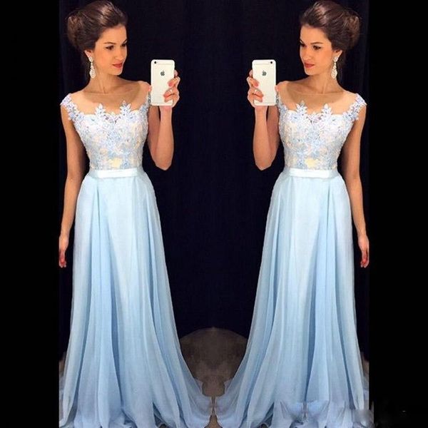 chiffon custom made light sky blue prom dresses 2017 sheer neck cap sleeves appliques floor length long evening gowns with sash, Black
chiffon custom made light sky blue prom dresses 2017 sheer neck cap sleeves appliques floor length long evening gowns with sash, Black