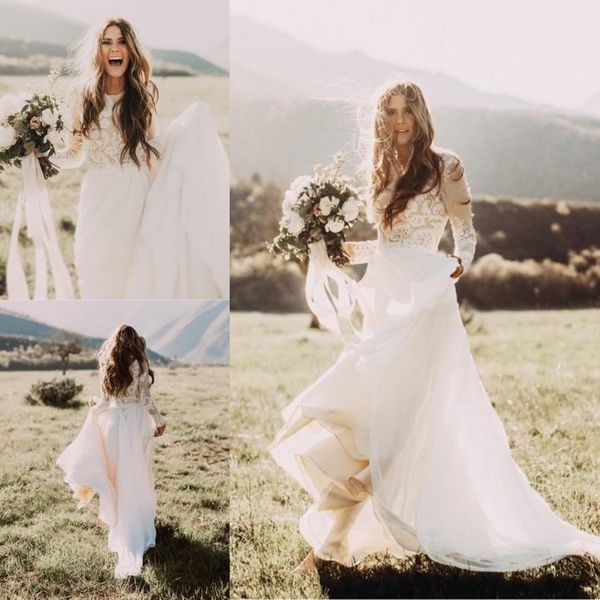 

bohemian beach lace wedding dresses with sheer long sleeves bateau neck a line appliqued chiffon boho country bridal gowns, White