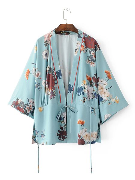 

Женщины старинные цветочные синий кимоно пальто открытым стежком створки верхняя одежда дамы европейский стиль повседневная мода длинные топы