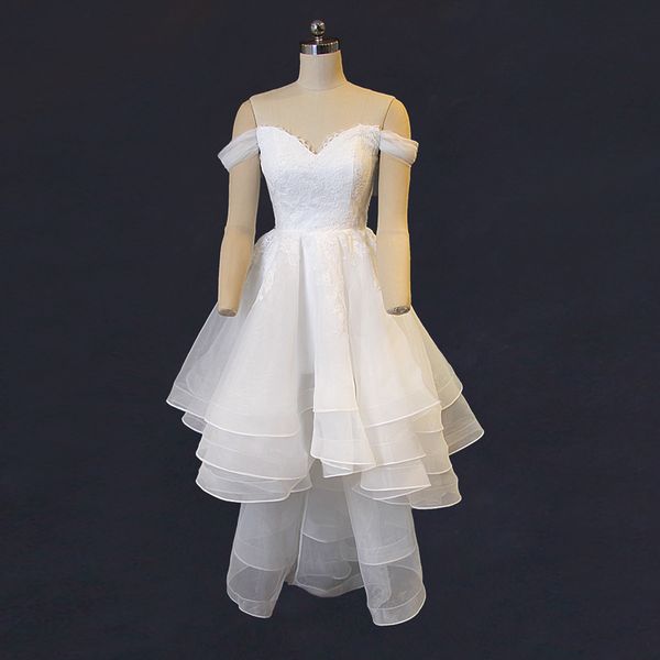 ruffled organza high low wedding dress beach new off shoulder wedding gowns short front long back, White
ruffled organza high low wedding dress beach new off shoulder wedding gowns short front long back, White